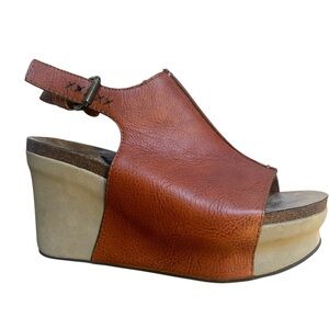 Otbt Leather Platform Sandals Wedges Cognac Brown Peep Toe Slingback 6.5 Boho